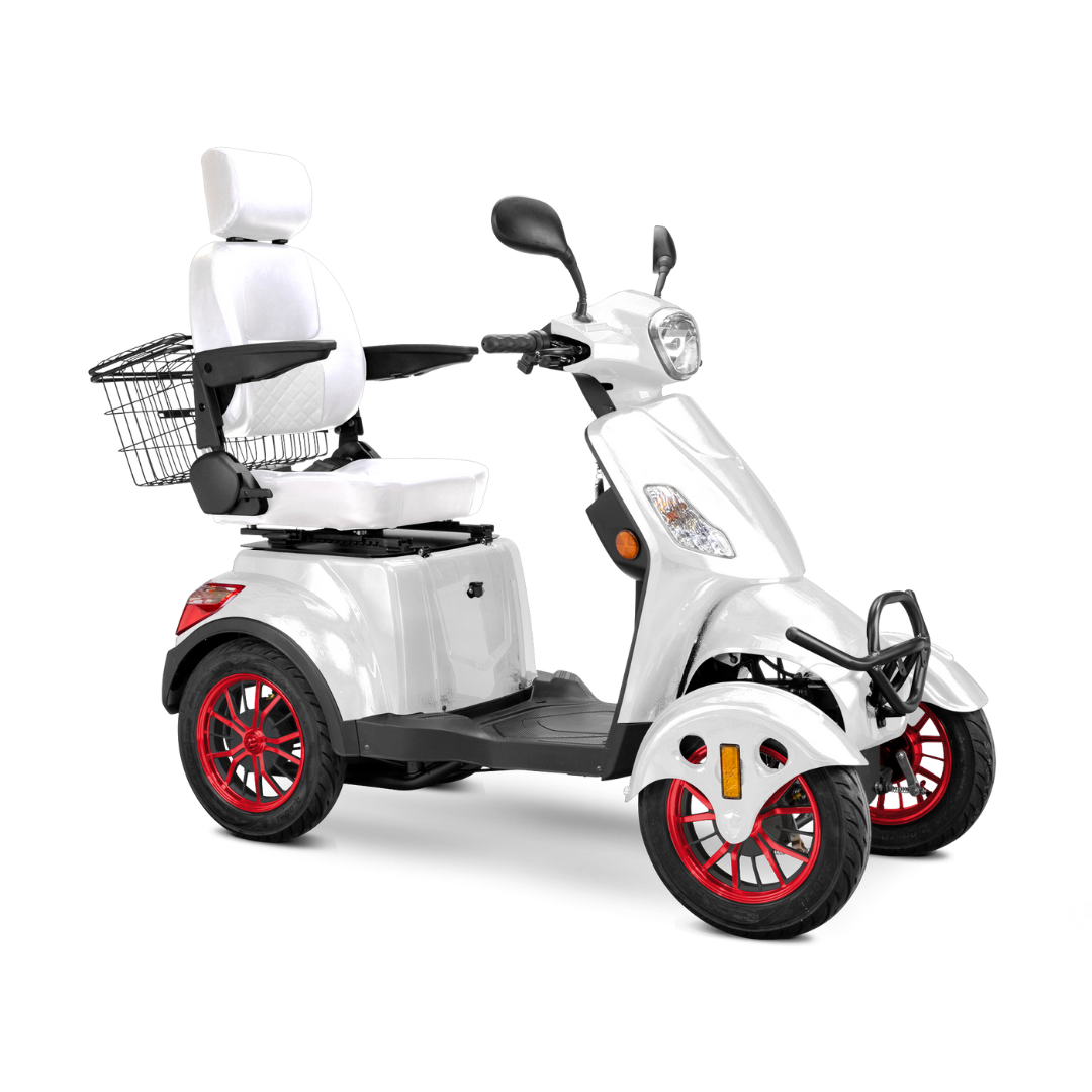 The Bespoke Prestige Recreational 4-Wheel Scooter features a white frame, 600W motor, red rims, four wheels, black rear wire basket, adjustable padded seat with headrest and armrests, handlebars, plus front and rear lights.